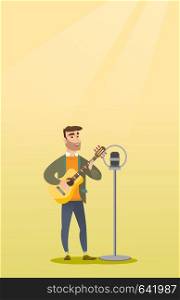 Young caucasian guitar player singing a song and playing the acoustic guitar. Hipster singer singing into a microphone and playing the acoustic guitar. Vector flat design illustration. Vertical layout. Man singing into a microphone.