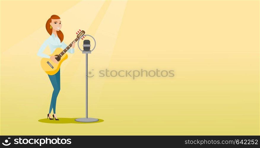 Young caucasian guitar player singing a song and playing the acoustic guitar. Singer singing into a microphone and playing the acoustic guitar. Vector flat design illustration. Horizontal layout.. Woman singing into a microphone.