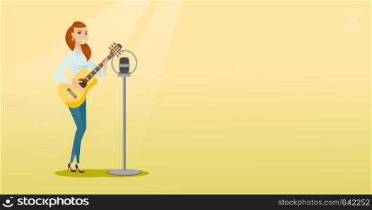 Young caucasian guitar player singing a song and playing the acoustic guitar. Singer singing into a microphone and playing the acoustic guitar. Vector flat design illustration. Horizontal layout.. Woman singing into a microphone.