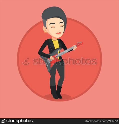 Young caucasian guitarist playing electric guitar. Girl practicing in playing guitar. Guitarist with closed eyes playing on guitar. Vector flat design illustration in the circle isolated on background. Woman playing electric guitar vector illustration.