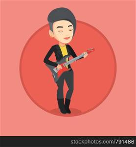Young caucasian guitarist playing electric guitar. Girl practicing in playing guitar. Guitarist with closed eyes playing on guitar. Vector flat design illustration in the circle isolated on background. Woman playing electric guitar vector illustration.