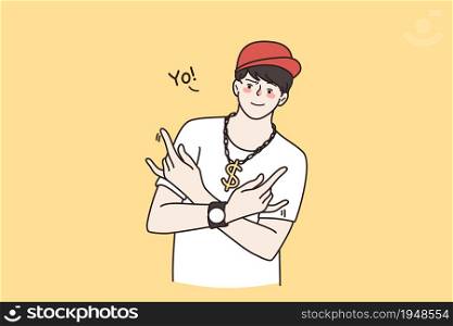 Young Caucasian guy rapper show Yo hand gesture. Smiling cool man gangster or hip hop dancer singer act perform. Subculture, urban style concept. Rap culture. Flat vector illustration.. Millennial guy rapper show yo hand gesture