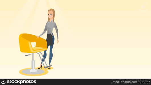 Young caucasian hairdresser standing near armchair. Full length of professional hairdresser standing at workplace. Friendly hairdresser at work. Vector flat design illustration. Horizontal layout.. Hairdresser at workplace in barber shop.