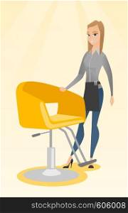 Young caucasian hairdresser standing near armchair. Full length of professional hairdresser standing at workplace. Friendly hairdresser at work. Vector flat design illustration. Vertical layout.. Hairdresser at workplace in barber shop.