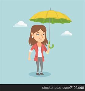 Young caucasian happy insurance agent holding umbrella. Female insurance agent standing under umbrella. Business insurance and business protection concept. Vector cartoon illustration. Square layout.. Caucasian insurance agent standing under umbrella.