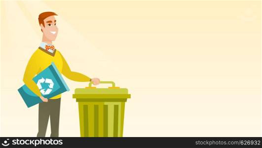 Young caucasian happy man carrying recycling bin. Smiling man holding recycling bin while standing near a trash can. Concept of waste recycling. Vector flat design illustration. Horizontal layout.. Man with recycle bin and trash can.
