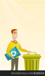 Young caucasian happy man carrying recycling bin. Smiling man holding recycling bin while standing near a trash can. Concept of waste recycling. Vector flat design illustration. Vertical layout.. Man with recycle bin and trash can.