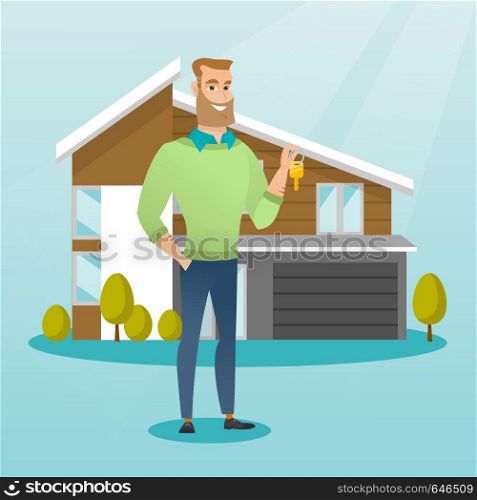 Young caucasian happy new homeowner showing key on the background of his house. Full lenght of cheerful hispter homeowner holding key in front of house. Vector flat design illustration. Square layout.. Young caucasian homeowner with key.