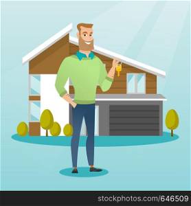 Young caucasian happy new homeowner showing key on the background of his house. Full lenght of cheerful hispter homeowner holding key in front of house. Vector flat design illustration. Square layout.. Young caucasian homeowner with key.
