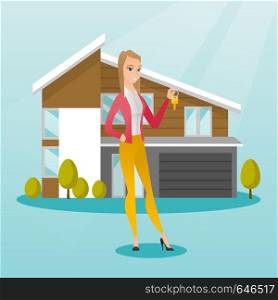 Young caucasian happy new homeowner showing key on the background of his house. Full lenght of cheerful homeowner holding key in front of new house. Vector flat design illustration. Square layout.. Young caucasian homeowner with key.