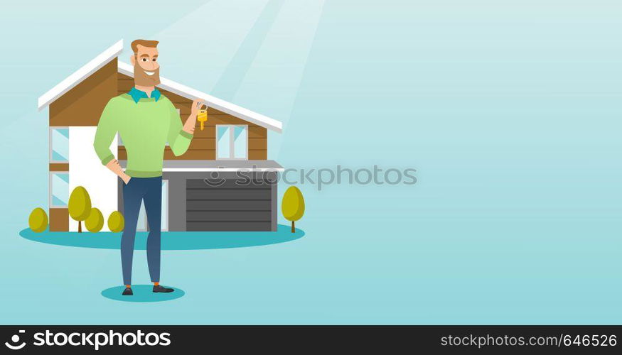 Young caucasian happy new homeowner showing key on the background of his house. Full lenght of cheerful homeowner holding key in front of house. Vector flat design illustration. Horizontal layout.. Young caucasian homeowner with key.