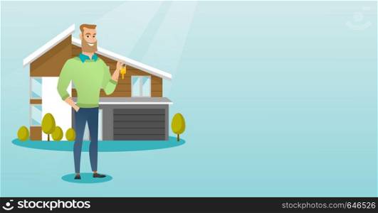 Young caucasian happy new homeowner showing key on the background of his house. Full lenght of cheerful homeowner holding key in front of house. Vector flat design illustration. Horizontal layout.. Young caucasian homeowner with key.
