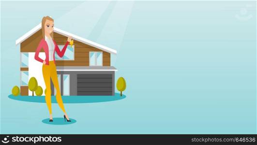 Young caucasian happy new homeowner showing key on the background of his house. Full lenght of cheerful homeowner holding key in front of new house. Vector flat design illustration. Horizontal layout.. Young caucasian homeowner with key.