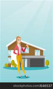 Young caucasian happy new homeowner showing key on the background of his house. Full lenght of cheerful homeowner holding key in front of new house. Vector flat design illustration. Vertical layout.. Young caucasian homeowner with key.