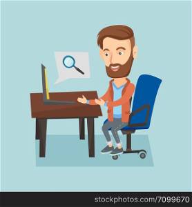Young caucasian hipster business man working on his laptop in office and searching information on internet. Internet search and job search concept. Vector flat design illustration. Square layout.. Business man working on his laptop.