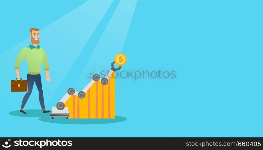 Young caucasian hipster businessman looking at profit chart with robotic arm. Concept of receiving a profit from the use of robotic technologies. Vector cartoon illustration. Horizontal layout.. Man looking at profit chart with robotic arm.