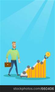 Young caucasian hipster businessman looking at profit chart with robotic arm. Concept of receiving a profit from the use of robotic technologies. Vector cartoon illustration. Vertical layout.. Man looking at profit chart with robotic arm.