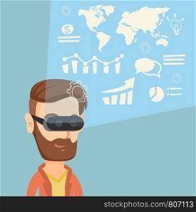 Young caucasian hipster businessman wearing virtual reality headset, looking at the digital display with business graphs and analyzing virtual data. Vector flat design illustration. Square layout.. Businessman in vr headset analyzing virtual data.