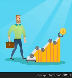 Young caucasian hipster businessman with beard looking at profit chart with robotic arm. Concept of receiving a profit from the use of robotic technologies. Vector cartoon illustration. Square layout.. Man looking at profit chart with robotic arm.