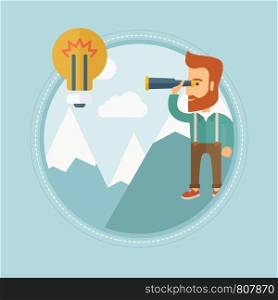 Young caucasian hipster businessman with beard standing on the peak of big mountain and looking through spyglass at the lightbulb. Vector flat design illustration in the circle isolated on background.. Businessman looking for business idea.