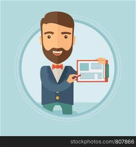 Young caucasian hipster businessman with the beard pointing with a pencil on a clipboard. Businessman giving business presentation. Vector flat design illustration in the circle isolated on background. Businessman giving business presentation.