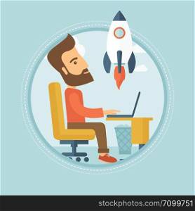 Young caucasian hipster businessman with the beard working on laptop and looking at a flying rocket. Business start up concept. Vector flat design illustration in the circle isolated on background.. Business start up vector illustration.