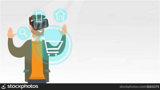 Young caucasian hipster man wearing virtual reality headset and looking at icon of shopping trolley. Virtual reality and shopping online concept. Vector cartoon illustration. Horizontal layout.. Man in virtual reality headset shopping online.