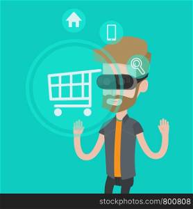 Young caucasian hipster man with beard wearing virtual reality headset and looking at shopping cart icon. Virtual reality, shopping online concept. Vector flat design illustration. Square layout.. Man in virtual reality headset shopping online.