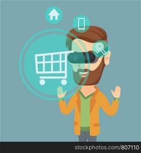 Young caucasian hipster man with beard wearing virtual reality headset and looking at shopping cart icon. Virtual reality and shopping online concept. Vector flat design illustration. Square layout.. Man in virtual reality headset shopping online.