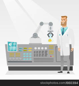 Young caucasian hipster scientist and robotic arm conducting experiments in a modern laboratory. Robotic arm working in the laboratory with the test tube. Vector cartoon illustration. Square layout.. Scientist and robotic arm conducting experiments.