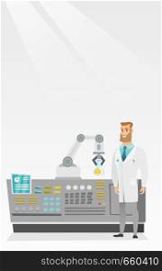 Young caucasian hipster scientist and robotic arm conducting experiments in a modern laboratory. Robotic arm working in the laboratory with the test tube. Vector cartoon illustration. Vertical layout.. Scientist and robotic arm conducting experiments.