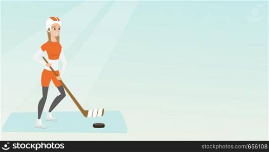 Young caucasian ice hockey player skating on the ice rink with a stick. Full length of smiling sportswoman in uniform playing ice hockey. Vector flat design illustration. Horizontal layout.. Young caucasian ice hockey player.