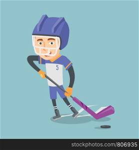 Young caucasian ice hockey player skating on the ice rink with a stick. Full length of smiling sportsman in uniform playing ice hockey. Vector flat design illustration. Square layout.. Ice hockey player vector illustration.