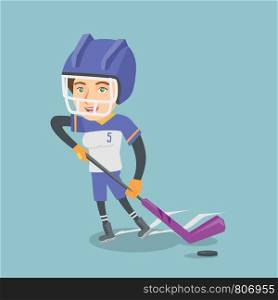 Young caucasian ice hockey player skating on the ice rink with a stick. Full length of smiling sportswoman in uniform playing ice hockey. Vector cartoon illustration. Square layout.. Young caucasian ice hockey player with a stick.
