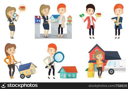 Young caucasian insurance agent holding house model. Insurance agent protecting model of the house. Property insurance concept. Set of vector flat design illustrations isolated on white background.. Vector set of real estate agents and house owners.