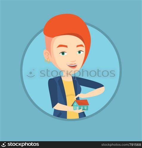 Young caucasian insurance agent holding house model. Insurance agent protecting model of the house. Property insurance concept. Vector flat design illustration in the circle isolated on background.. Insurance agent protecting model of the house.