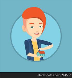Young caucasian insurance agent holding house model. Insurance agent protecting model of the house. Property insurance concept. Vector flat design illustration in the circle isolated on background.. Insurance agent protecting model of the house.