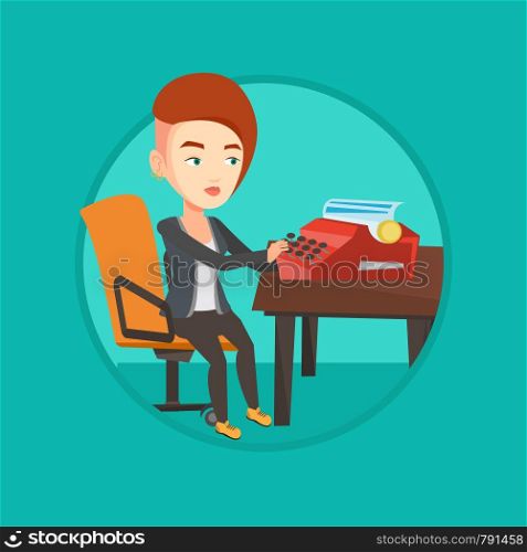 Young caucasian journalist writing an article on a vintage typewriter. Concentrated female journalist working on retro typewriter. Vector flat design illustration in the circle isolated on background.. Journalist working on retro typewriter.