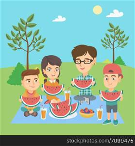 Young caucasian joyful mother with kids eating watermelon at the park during summer picnic. Happy children and their mother enjoying a watermelon outdoors. Vector cartoon illustration. Square layout.. Mother with kids eating watermelon at the park.