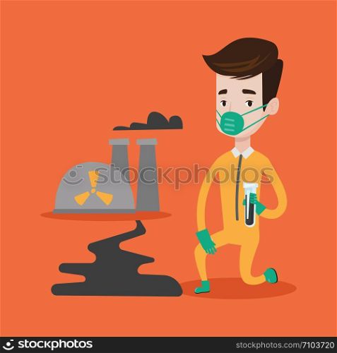 Young caucasian laboratory assistant in protective chemical suit holding a test-tube with black liquid on the background of nuclear power plant. Vector flat design illustration. Square layout.. Laboratory assistant with test tube.