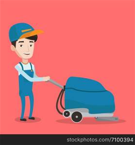 Young caucasian male cleaner with cleaning equipment. Male worker cleaning store floor with cleaning machine. Worker of cleaning services in supermarket. Vector flat design illustration. Square layout. Male worker cleaning store floor with machine.