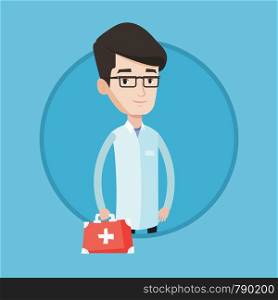 Young caucasian male doctor in medical gown holding first aid box. Friendly doctor in uniform standing with first aid kit. Vector flat design illustration in the circle isolated on background.. Doctor holding first aid box vector illustration.