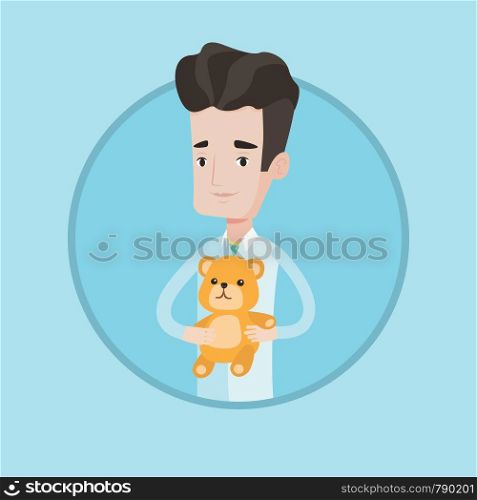 Young caucasian male pediatrician doctor holding a teddy bear. Professional pediatrician doctor standing with a teddy bear. Vector flat design illustration in the circle isolated on background.. Pediatrician doctor holding teddy bear.