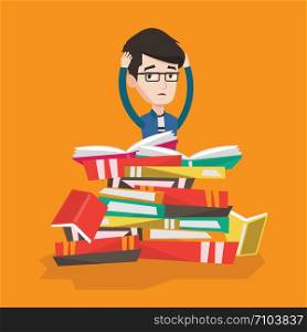 Young caucasian male student sitting in huge pile of books. Exhausted student clutching his head. Stressed student reading books. Concept of education. Vector flat design illustration. Square layout.. Student sitting in huge pile of books.