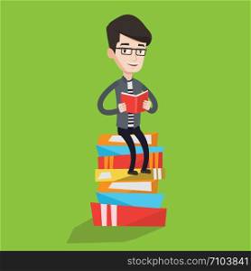Young caucasian male student sitting on huge pile of books. Happy student reading book. Smiling man sitting on stack of books with book in hands. Vector flat design illustration. Square layout.. Student sitting on huge pile of books.