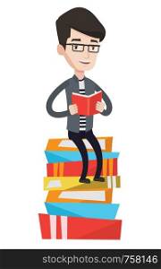 Young caucasian male student sitting on huge pile of books. Student reading book. Smiling man sitting on stack of books with book in hands. Vector flat design illustration isolated on white background. Student sitting on huge pile of books.