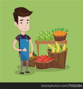Young caucasian male supermarket worker giving thumb up while standing on the background of shelves with vegetables and fruits in supermarket. Vector flat design illustration. Square layout.. Friendly supermarket worker vector illustration.