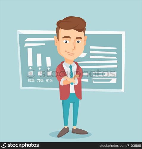 Young caucasian male teacher standing in classroom. Smiling male teacher standing in front of chalkboard. Friendly teacher standing with folded arms. Vector flat design illustration. Square layout.. Teacher or student standing in front of chalkboard