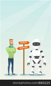 Young caucasian man and robot standing at road sign with two pathways - human and robot. Concept of choice between artificial intelligence and human. Vector cartoon illustration. Vertical layout.. Choice between artificial intelligence and human.