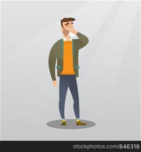 Young caucasian man blowing his nose to a paper napkin. Sick hipster man sneezing. Unwell man having an allergy and blowing his nose to a tissue. Vector flat design illustration. Square layout.. Young caucasian sick man sneezing.